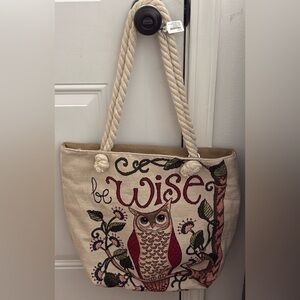 NWOT. Beige Owl Embroidered Tote Bag with top zip close.